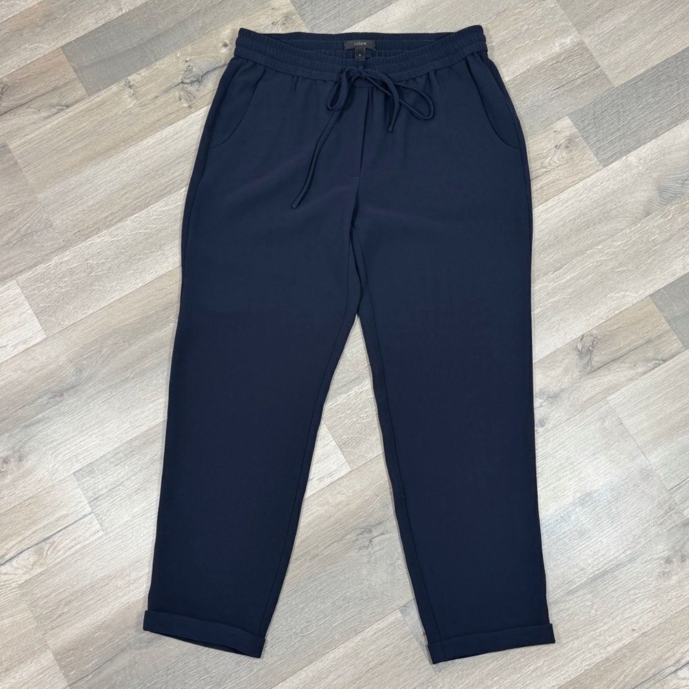 J. Crew Elastic Waist Cuffed Drapey Crop Pants Navy Blue 4 Pull On